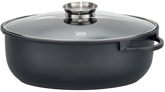 Foto: Elo 8003826 braadpan 38 x 25 cm van aluminium gietijzer anti aanbaklaag glazen deksel alle vuurbronnen geschikt voor inductie en oven anti aanbaklaag elodur select koken zonder pfas zwart 7 l