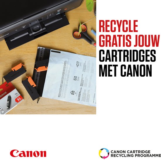 Een zwarte Canon printer met cartridges, recycling envelop en de tekst 'Recycle gratis jouw cartridges met Canon'.