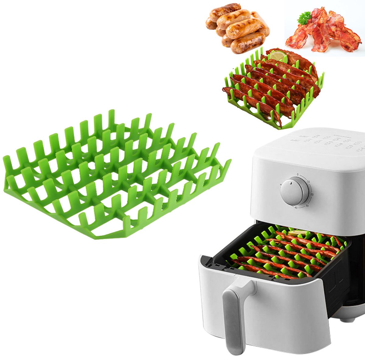Groene set van 2, vierkante siliconen hotdogrek voor de airfryer, geschikt voor levensmiddelen, hittebestendig spekgrillrek, siliconen bakvorm