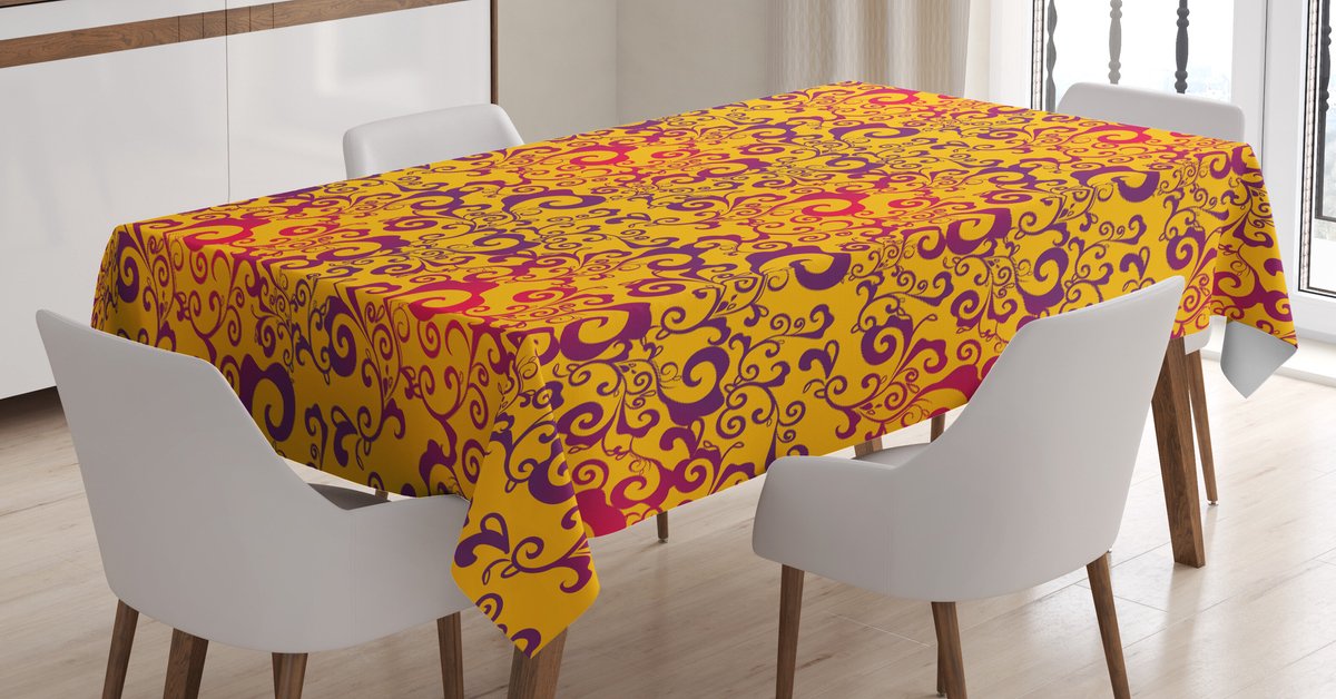 ABAKUHAUS Tafelkleed – Bladerenprint – 140x240 cm – satijn/polyester, aarde geel magenta