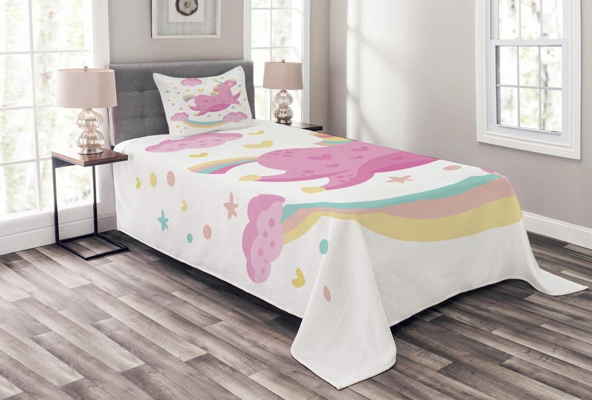 ABAKUHAUS Sprei-Set – Eenhoorn Regenboog, 170x220 cm, Geel Roze