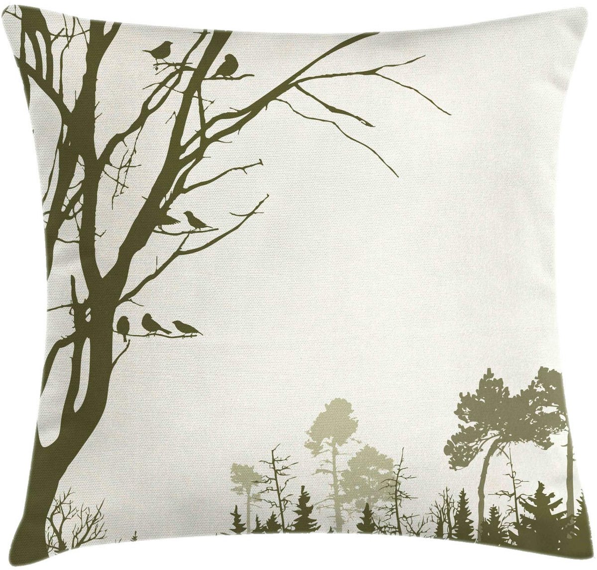 ABAKUHAUS Kussenhoes – Landschap, Bosvogels op een Boom – 50x50 cm – Olijfgroen Creme – Dubbelzijdig bedrukt Olivengrün Creme