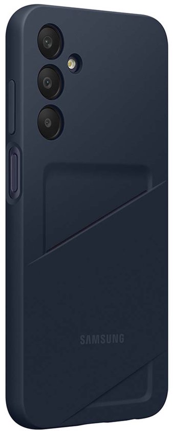 Donkerblauwe Samsung Card Slot Case met diagonaal vak en camera-uitsparingen.
