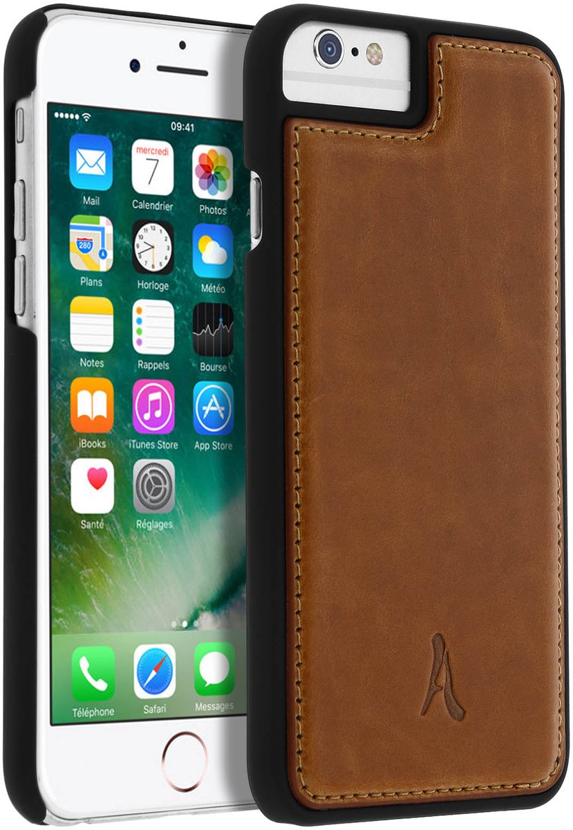 Akashi, Hoesje Geschikt voor Apple iPhone 8+, 7+, 6+, 6S+ Bescherming Rigid Genuine Leather, Bruin