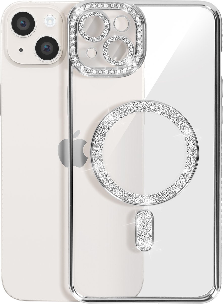 Avizar Diamond hoesje Geschikt voor Apple iPhone 14 Plus MagSafe Omtrek Strass, Zilver