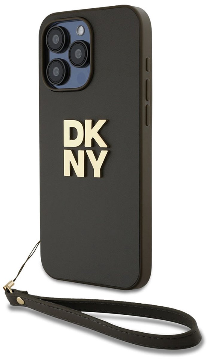 DKNY, Geschikt voor Apple iPhone 15 Pro Max hoesje met metallic logo en polsbandje, Bruin