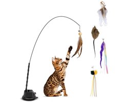 Kattenspeelgoed met veren, interactieve kattenspeelgoedset met vervangende veren, kattenstokjes, zuignappenbasis, leuk oefenspeelgoed voor binnenkittens of katten