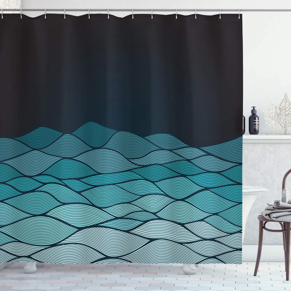 ABAKUHAUS Douchegordijn – Golven blauw ombré – 175×180 cm – Polyester