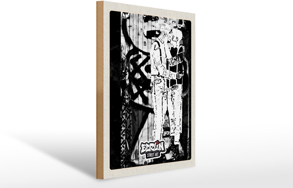 Holzschild Reise 30x40cm Berlin DE Pärchen Graffiti