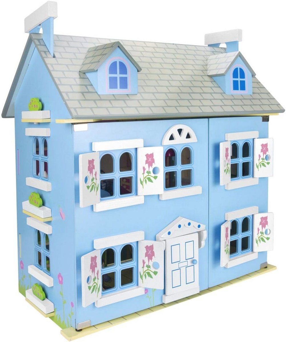 Alpenhuis voor kinderen met meubels en poppenfamilie - Blauw houten poppenhuis