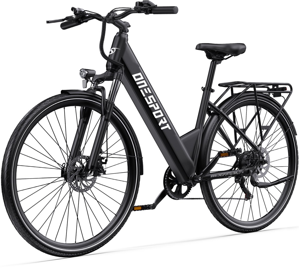 OneSport elektrische stadsfiets - 468Wh accu - achterwielmotor - tot 100 km actieradius - Shimano 7 versnellingen - hydraulische vering en schijfremmen - grijs