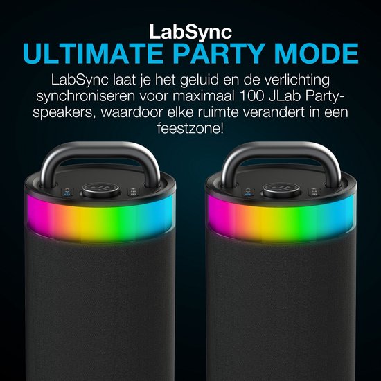 JLab Epic Draadloze Bluetooth Speaker - Muziekbox - 16 uur Batterijduur - 100 Watt - IPX6 Waterproof - Multipairing - Partyspeaker met Bass Boost - App Equalizer - Zwart