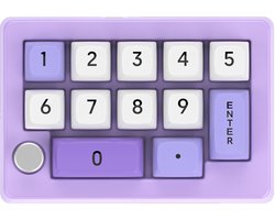 Mechanisch toetsenbord met numeriek toetsenblok met 13 toetsen, macroprogrammering, aanpasbaar en een draaiknop (paars).