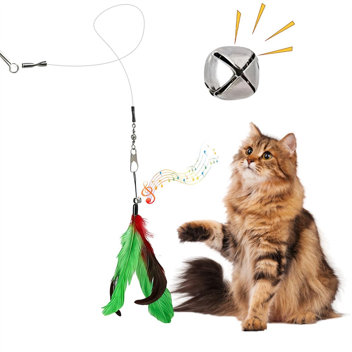 Cat Toys Veren Speelgoed, 2 stuks intrekbare hengel en 10 stuks vervangende verenkoppen met belvullingen, interactieve vanger en leuke oefening voor kitten en kat thumbnail 5