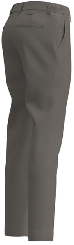Grijze chino broek, zijaanzicht, rechte pijpen.