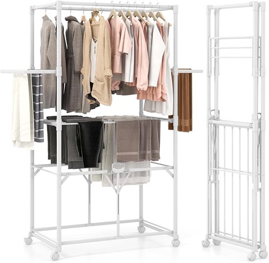 Relaxdays wasrek kledinghangers, inklapbaar, voor 27 hangers, 3 draaibare houders, 150 cm hoog, droogrek, zilver-wit
