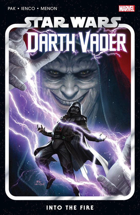 Darth Vader wordt omringd door paarse bliksem, met de lachende keizer Palpatine op de achtergrond.