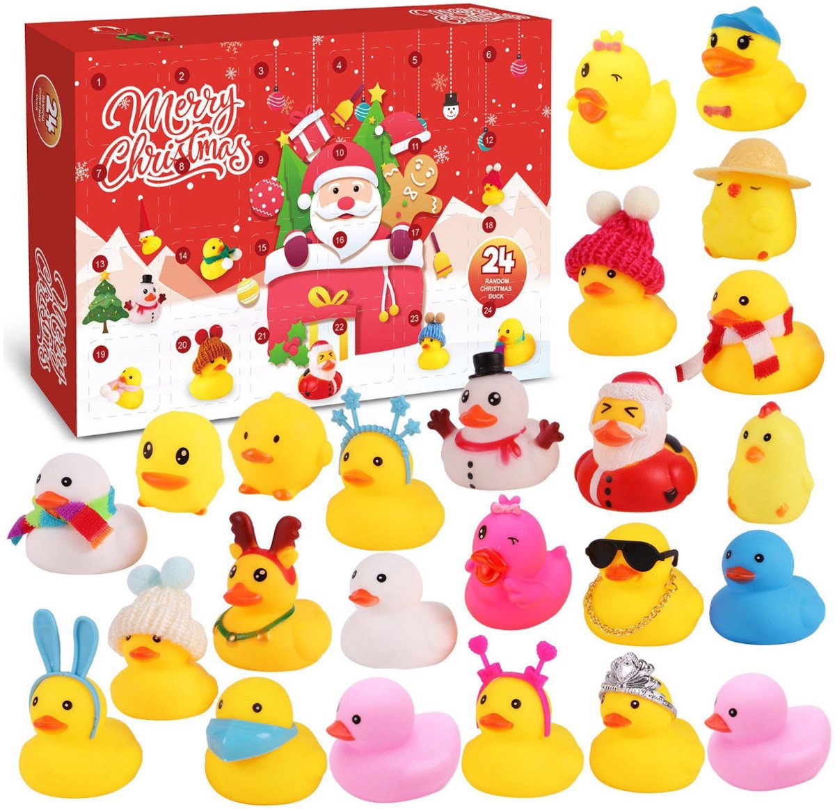 Mmgoqqt 24 Stuks Kerst Rubberen Eend Cadeau - Adventskalender - Kerstthema - Badspeelgoed - Multicolor - Blind Box - Geschikt Voor Huis Feestdagen Klas En Gezinsactiviteiten