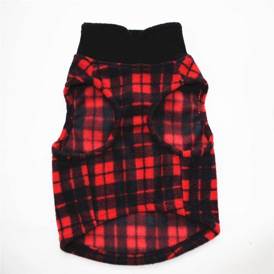 Rood en zwart geblokt fleece hondenvest met coltrui, achterkant