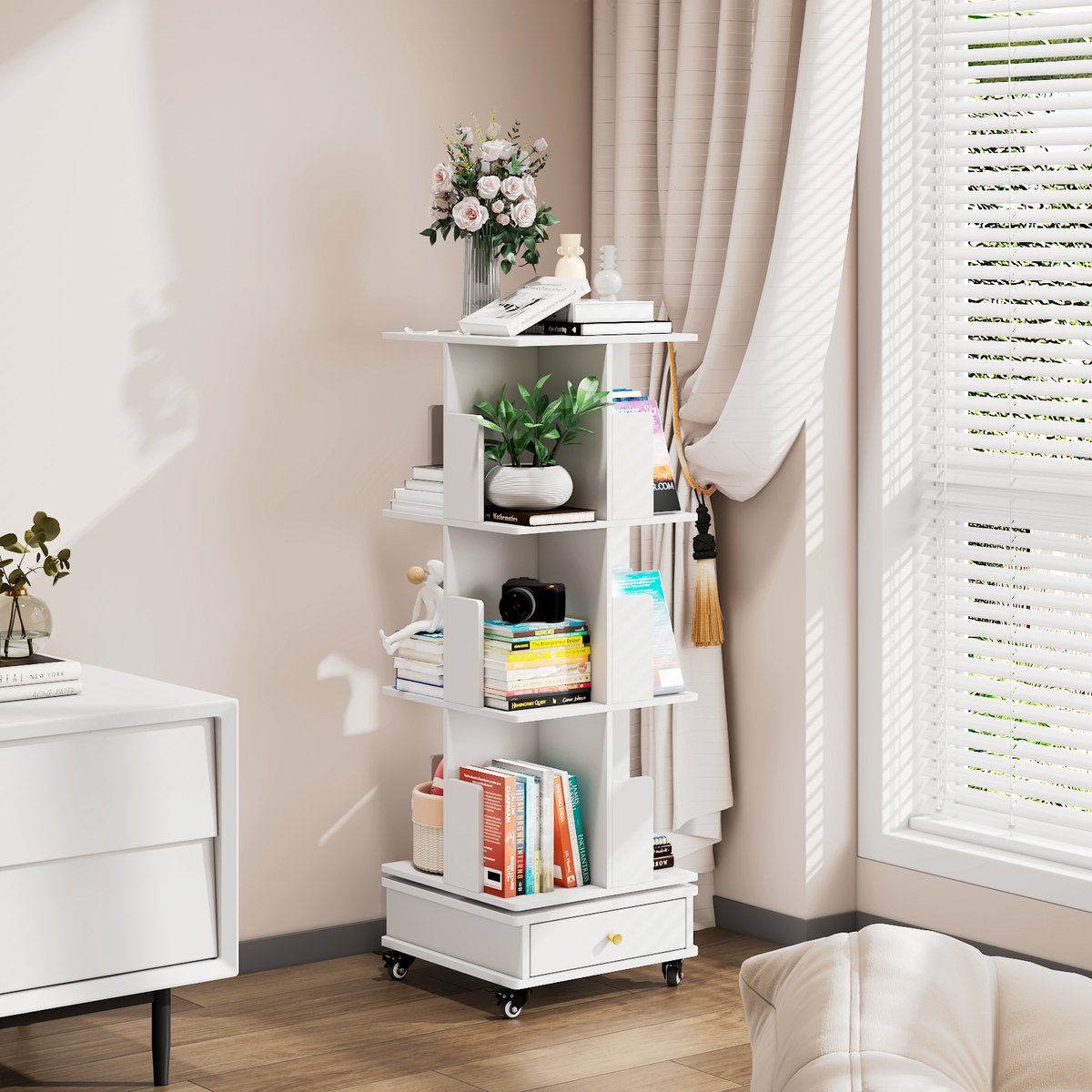 Boekenkast - Driedelige, 360° draaibare houten boekenkast - met vergrendelbare wielen en lades - Mobiele boekenkast geschikt voor woonkamer, slaapkamer en studeerkamer - Wit