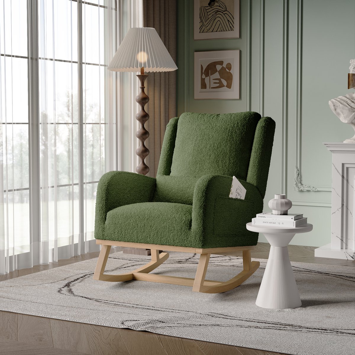 Groene Teddy Schommelstoel met Kussen & Opbergvakken – Comfortabele Relaxstoel met Zijzakken voor Woonkamer of Slaapkamer