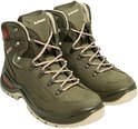 Paar groene halfhoge wandelschoenen met bruine veters en rode accenten.