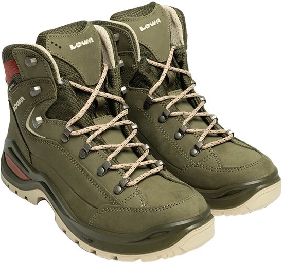 Paar groene halfhoge wandelschoenen met bruine veters en rode accenten.