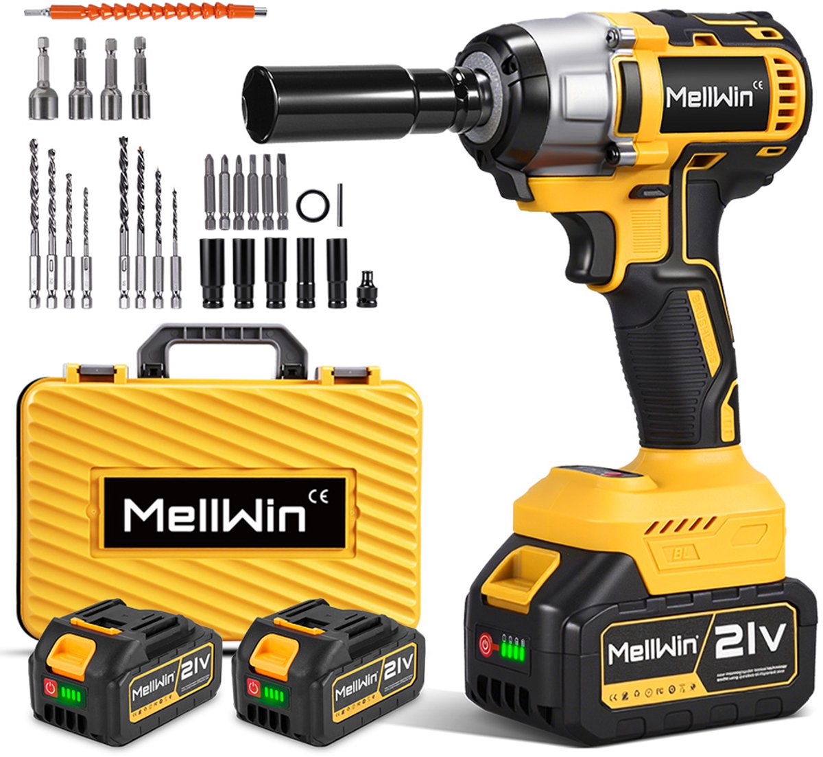 MellWin Accu Slagmoersleutel - 520 Nm Slagmoersleutels - Draadloze Schroevendraaier - Accuboormachine - met 2x Accu’s en 25x Accessoires