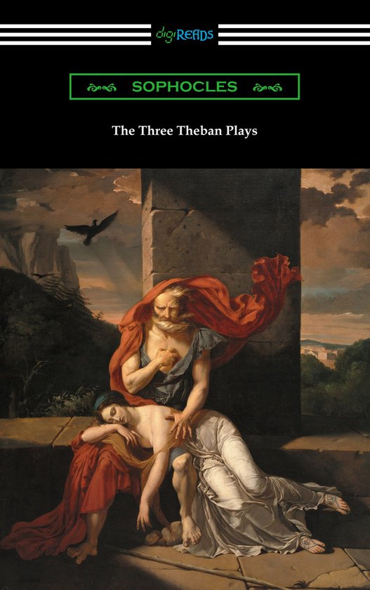 Boekomslag met schilderij van een oude man die een slapende vrouw vasthoudt, met 'Sophocles' en 'The Three Theban Plays' in tekst.