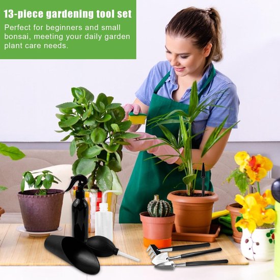 13-delige set - Vetplantentuinset - Tuingereedschapsset - Mini-tuingereedschap voor binnen - Vetplantenverplantingsset - Duurzaam - Zwart - Perfect voor kleine potplanten, kruidentuinverzorging en verzorging van kleine planten van Merkloos	 — afbeelding 4