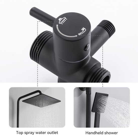 Zwarte douchekop (top spray) en handdouche met omstelling.
