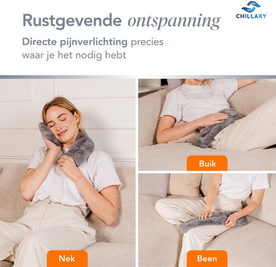 Vrouw met grijze pittenzak op haar nek, buik en been.
