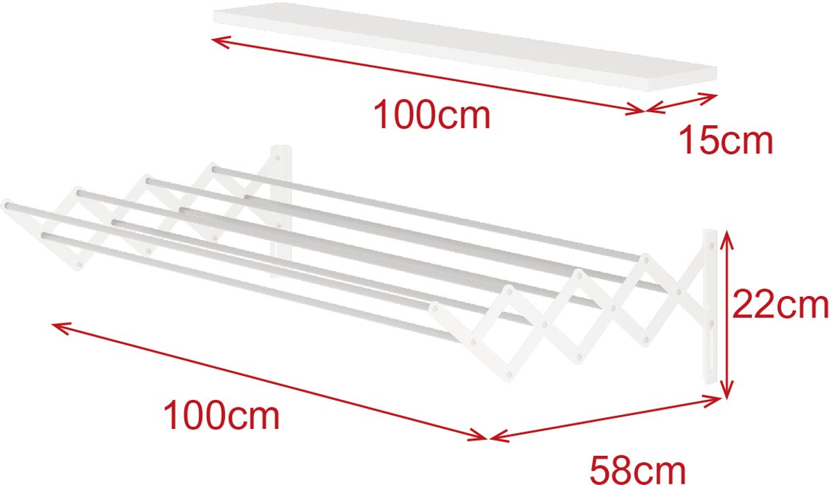 LUNOR – Akkoordeon Wasrek – Uittrekbaar – 100 cm – Wandmontage – Wit