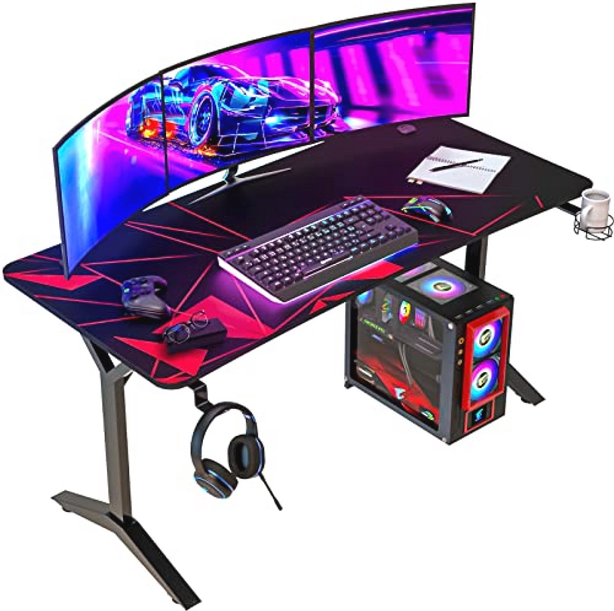Gaming Bureau 60 Inch met Volledige Muismat, Bekerhouder en Headsethaak - Stevige Computer Bureau voor Gaming en Kantoor - 20 Jaar Garantie