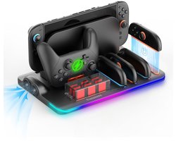 Transnovo All-in-one oplaadstation geschikt voor Nintendo Switch 2 | RGB LED verlichtingen en smart AI chip ingebouwd | Switch-controllers Joy con docking station | 9 games slots & Pro controller dock | Incl. USB C kabel charger | Console accessoires