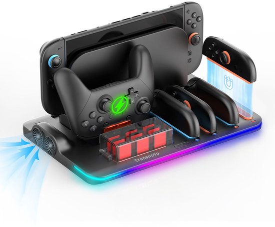 Alles-in-één oplaadstation voor Switch 2 met controllers, Joy-Cons en koelventilator, met RGB-verlichting.