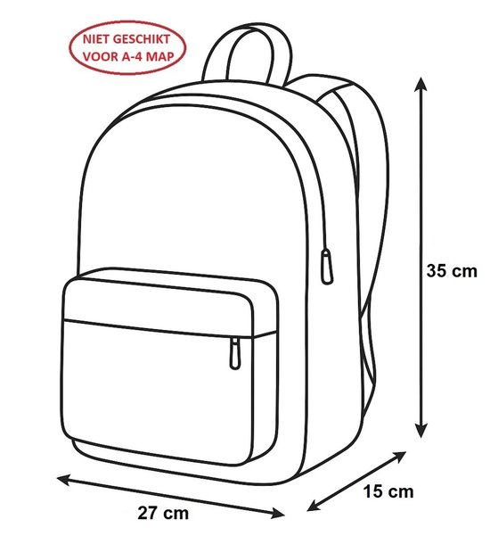Dessin schématique d'un sac à dos rose avec dimensions 35x27x15 cm.