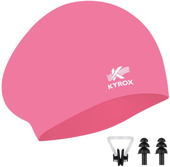 Kyrox Siliconen Badmuts - Unisex - Inclusief Zwem Oordopjes & Neusklem - Badmutsen voor Dames & Heren - Waterdicht en Elastisch - Swimming Cap - Roze