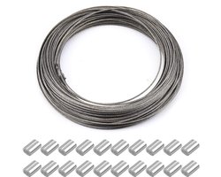 30 m x 1.5 mm Stalen Kabel - Multifunctionele - RVS Kabel - Foto Lijst Ophangdraad met 20 Stuks Aluminium Klemhuls - Voor Gordijn Touw - Waslijn - Handrail Kabels