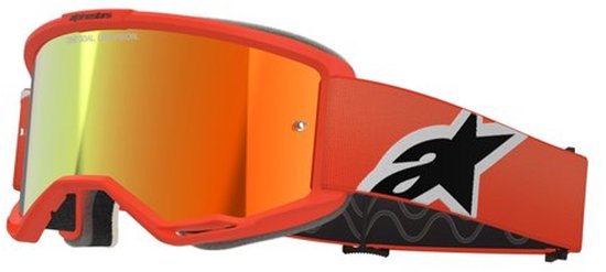 Oranje skibril met grote zwarte ster op de band. Spiegelende oranje/gele lens.