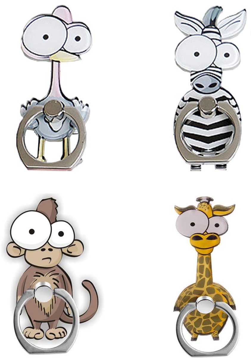 Unyqoos® Set van vier schattige en veelzijdige telefoonringen met dierenontwerp