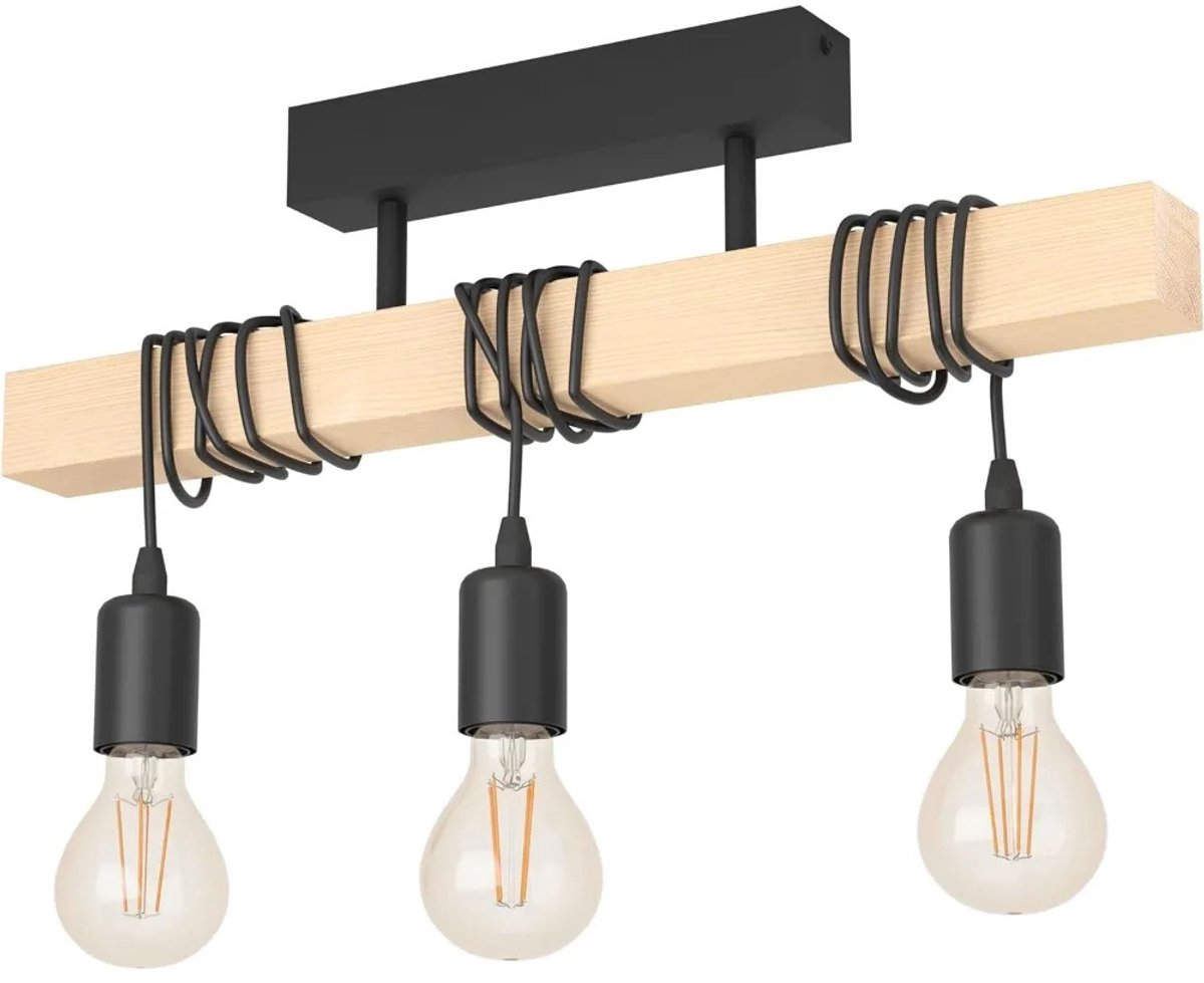 Industriële Plafondlamp – 3-Lichts Houten Balk Hanglamp – E27 Fitting – Vintage Design – 50 cm – Zwart & Hout – Zonder Lamp