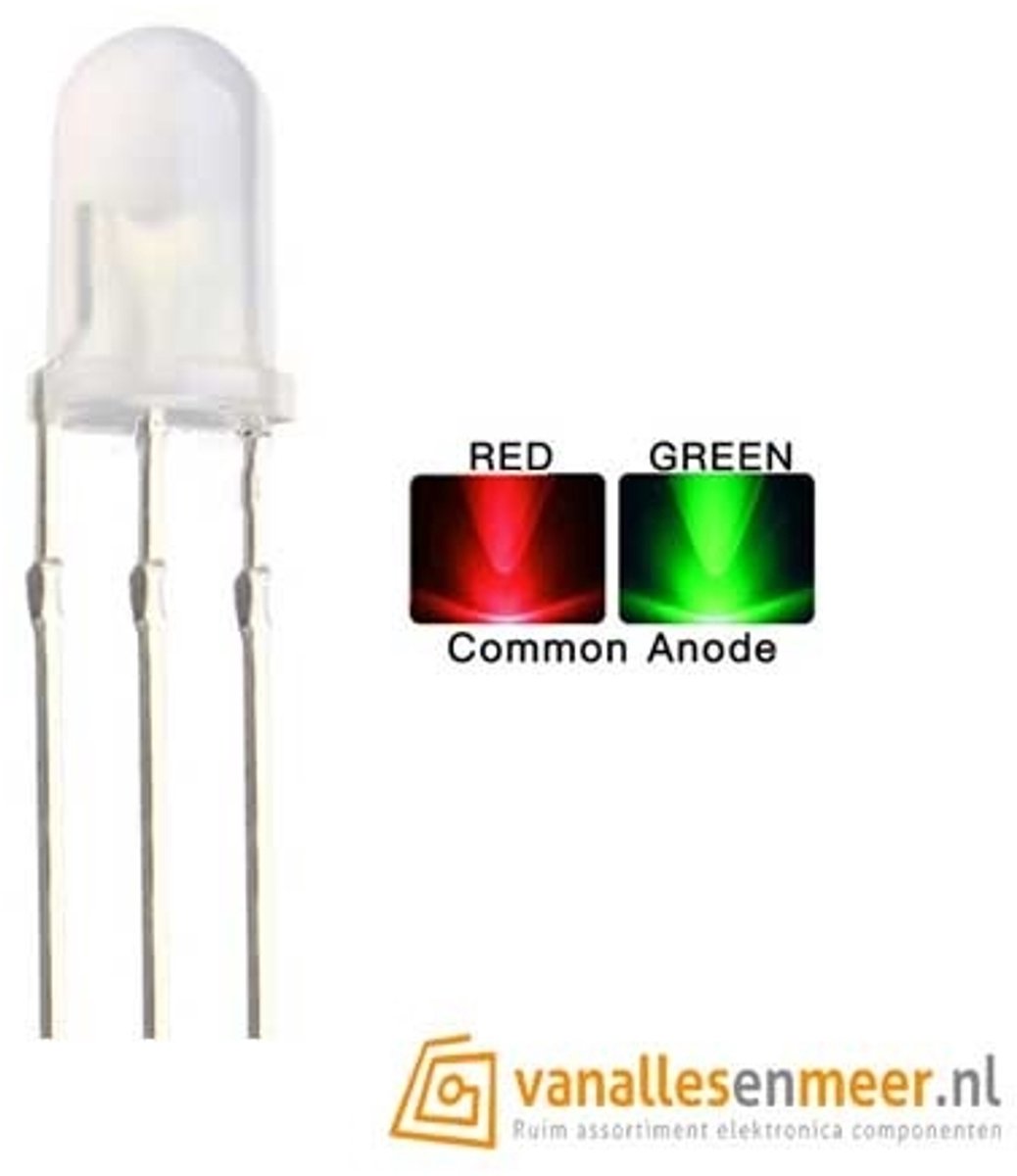 5mm Bi-Color LED – Rood/Groen – Common Anode – Diffused – 3-Pins – 10 Stuks