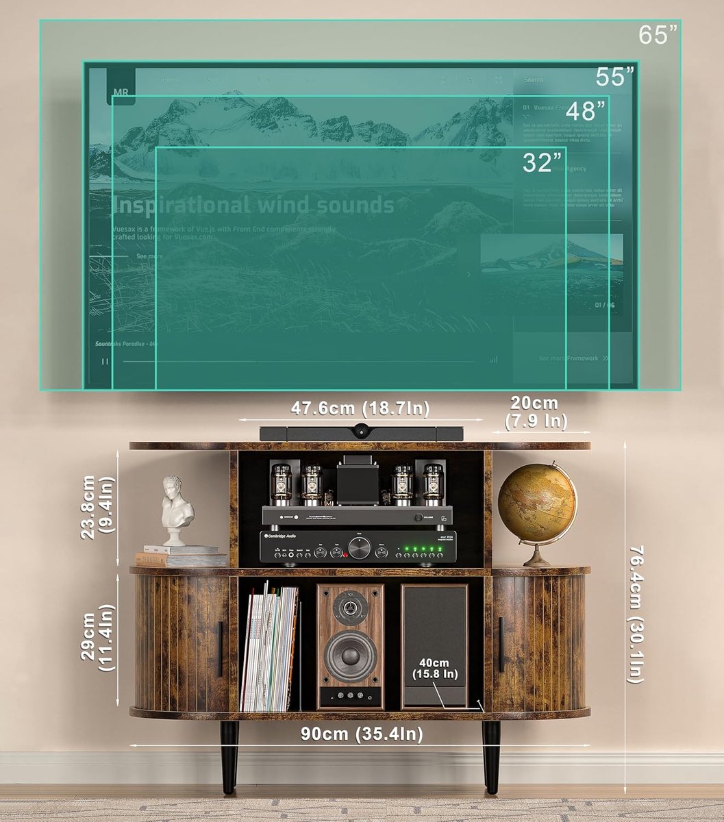 Mid-Century TV-Meubel met Schiebeturen 90 cm – Platenkast & Plattenspieler Ständer – Vinyl Opbergkast, TV Stand tot 65 Inch, Hout, Verstelbare Planken, Kabelmanagement – Bruin – Altameubel