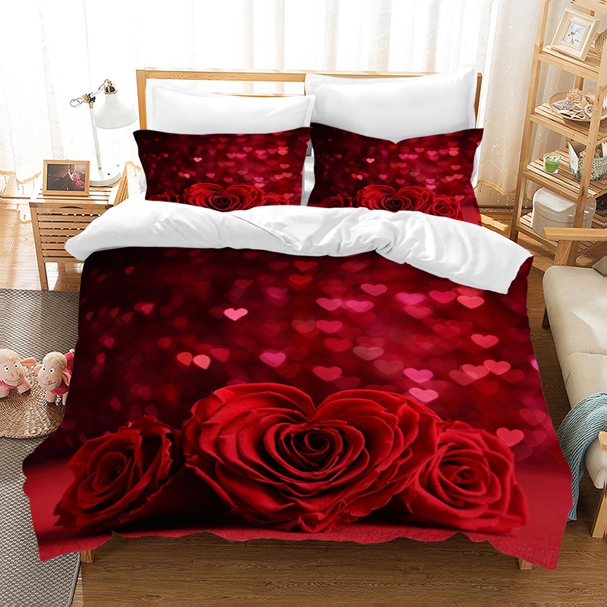 Ibenzoa 3D Beddengoedset met Rozenmotief en Ritssluiting in Rode en Roze Kleuren Rood