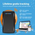 Zwarte Onntrack Portable Pro+ GPS tracker naast een laptop en smartphone die een kaart tonen. Lifetime gratis tracking.