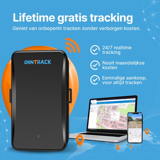 Zwarte Onntrack Portable Pro+ GPS tracker naast een laptop en smartphone die een kaart tonen. Lifetime gratis tracking.