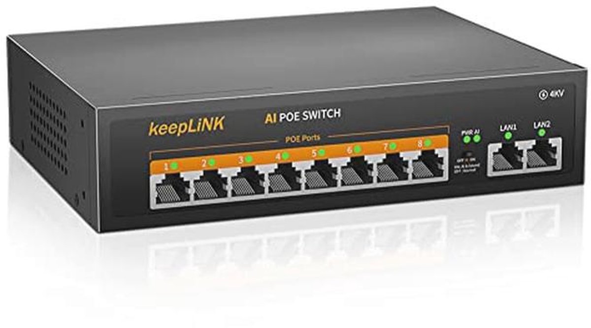 10-poorts PoE Switch met 8 PoE+ poorten en 2 uplink poorten - 135W, 100 Mbps, ventilatorloos en robuuste metalen behuizing