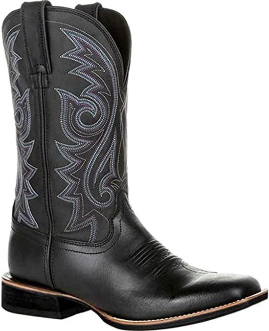 KKPW Heren Cowboylaarzen Brede Klassieke Vintage Mid Kalf Westerse Laarzen Borduurwerk Puntneus Blok Hak Slip-On Lange Laarzen,Zwart