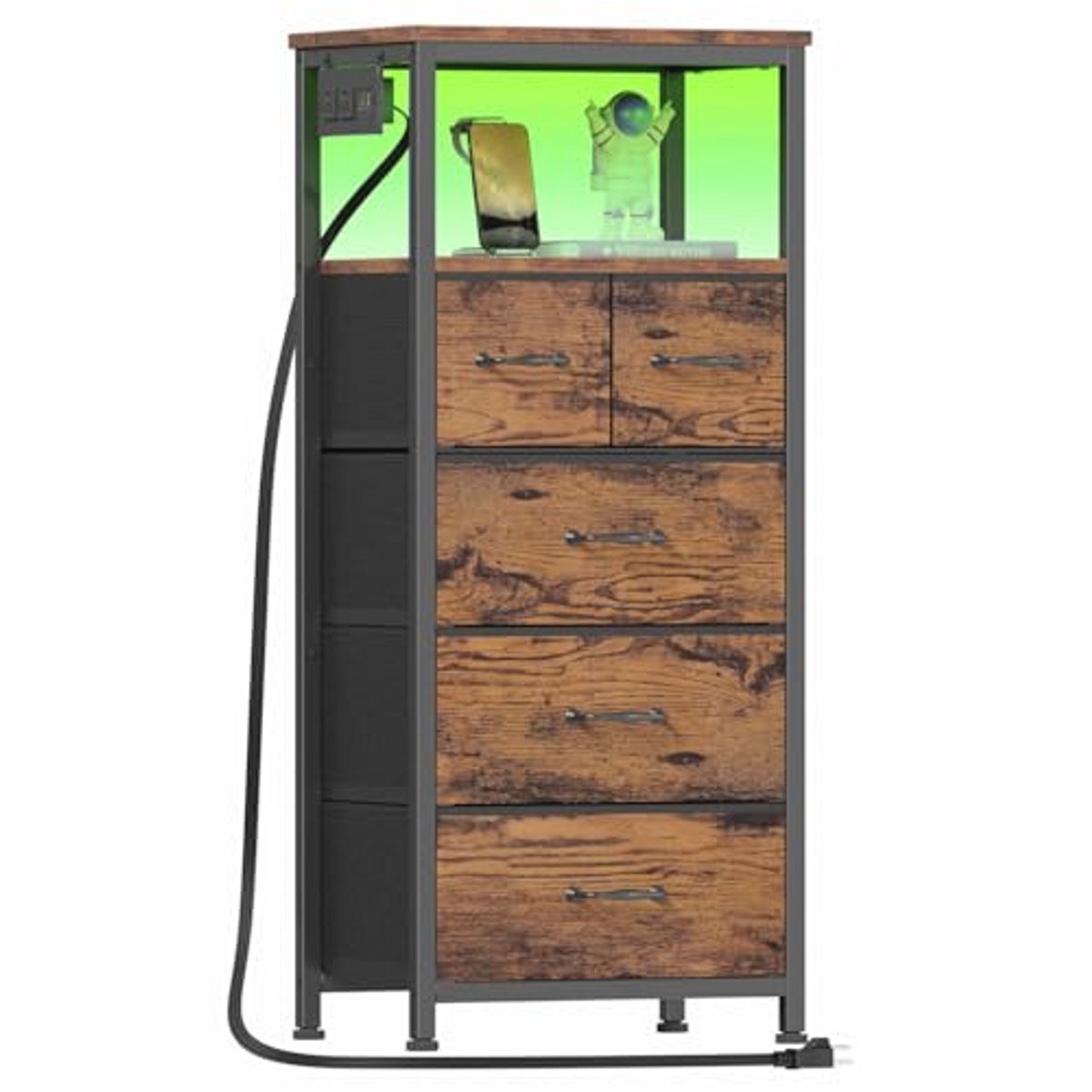 Hoge LED-dressoir met oplaadstation en verticale opbergtoren met 5 laden